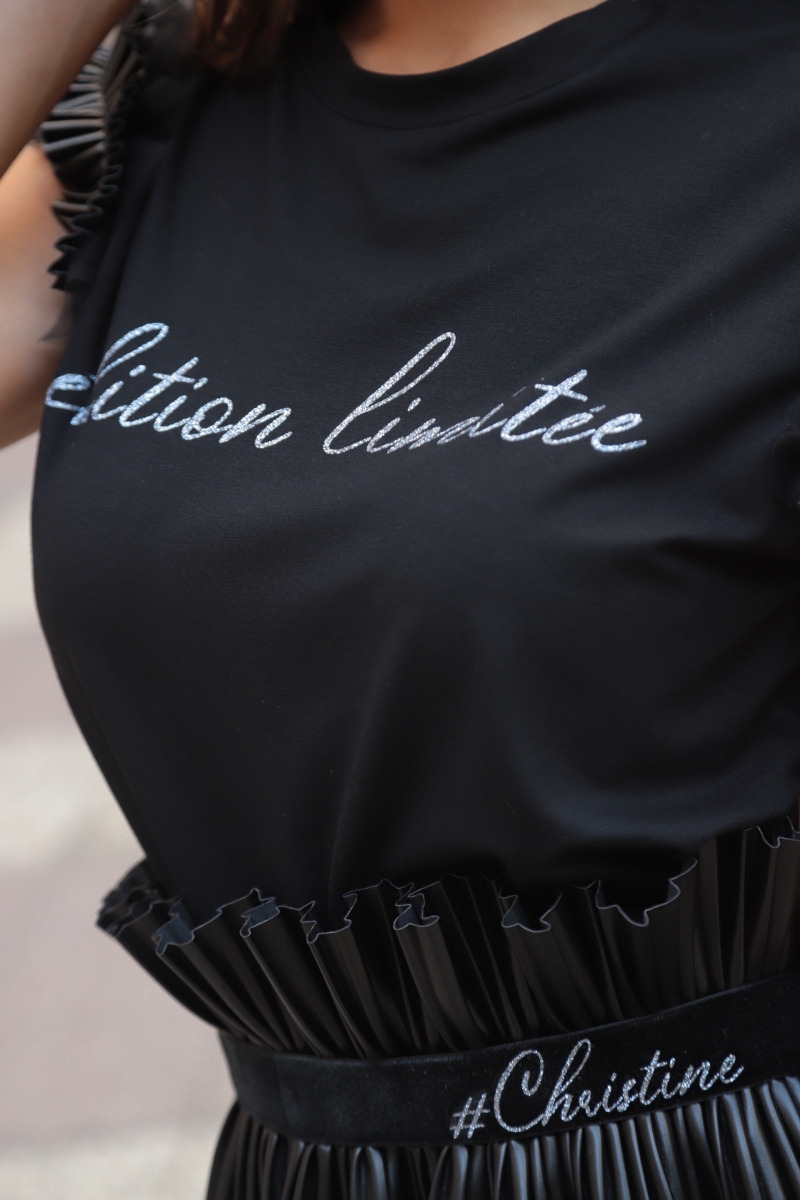 Тениска с кожено плисе "ÉDITION LIMITÉE"